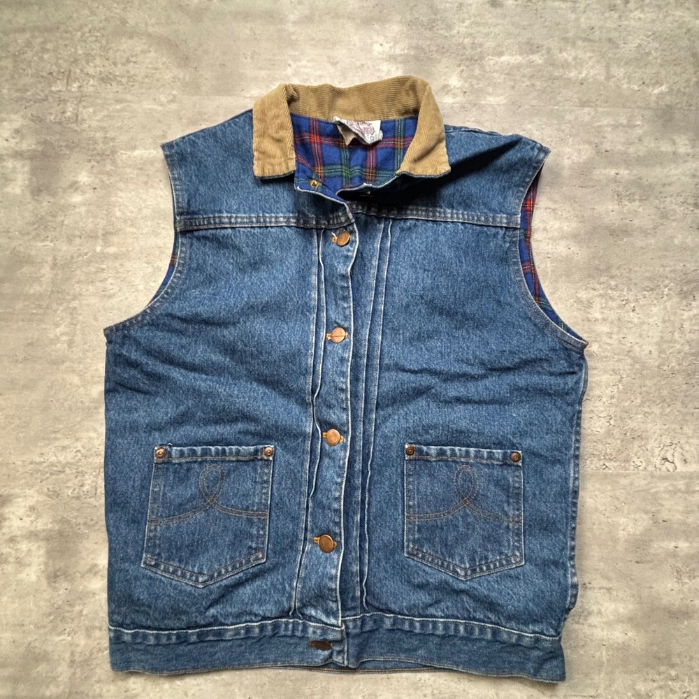 Cambridge Dry Goods Denim Vest Medium Blue Plaid Flannel Lined Corduroy 80s